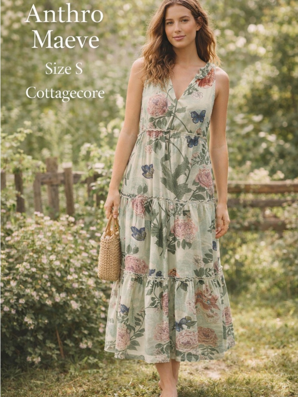 Maeve Anthropologie Floral Tiered Midi Dress Cottagecore Garden Small S